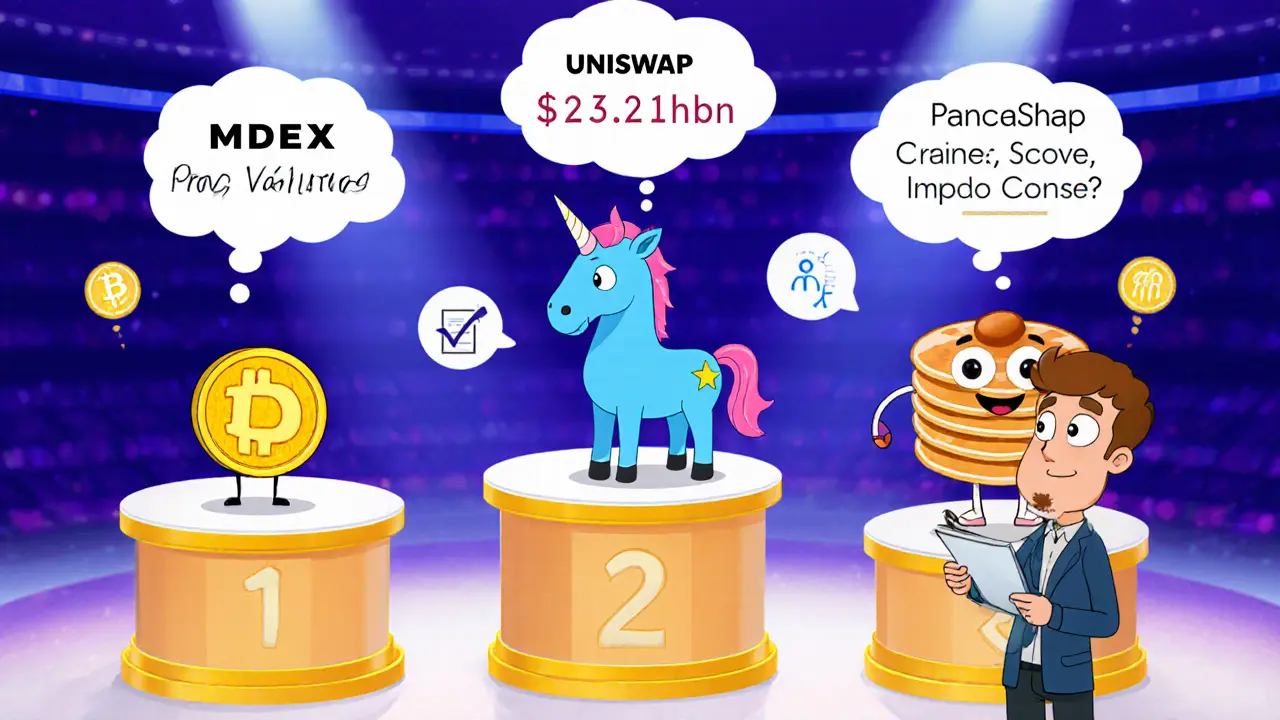 Cartoon mascots on podiums compare MDEX, Uniswap, and PancakeSwap with stats bubbles.
