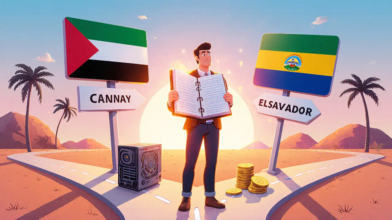 Investor at crossroads with glowing ledger, mining rig, and flags of three jurisdictions.