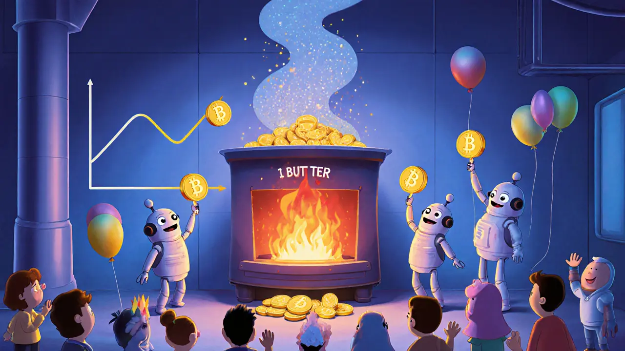 Playful factory scene showing token burn and happy community.