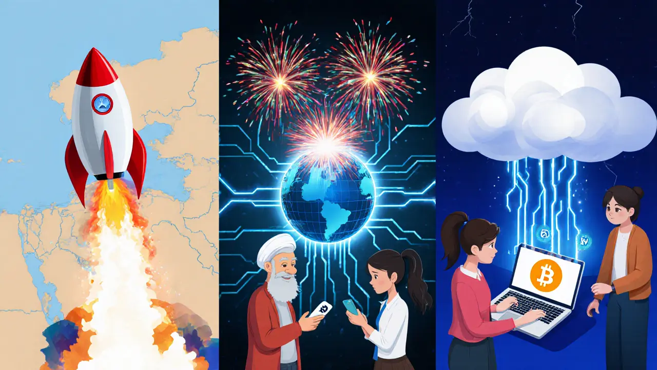 Split scene of rockets, fireworks, and storm cloud with people using VPNs and crypto symbols flowing.