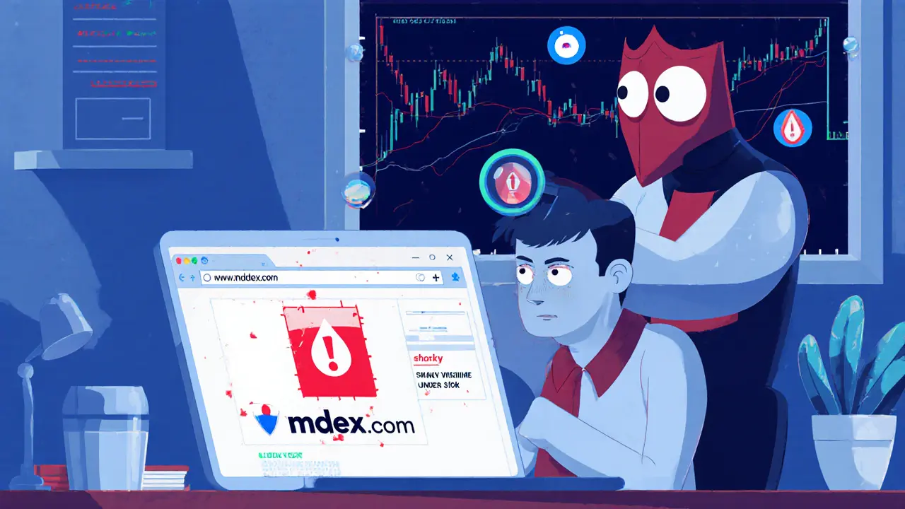 User at laptop sees phishing MDEX site with security guard pointing out URL warning.