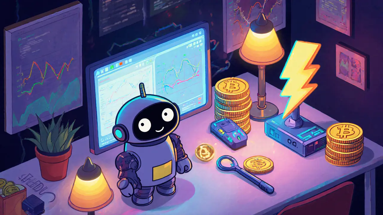 Workspace with watchtower robot, lightning mascot, and splicing tool for channel maintenance.