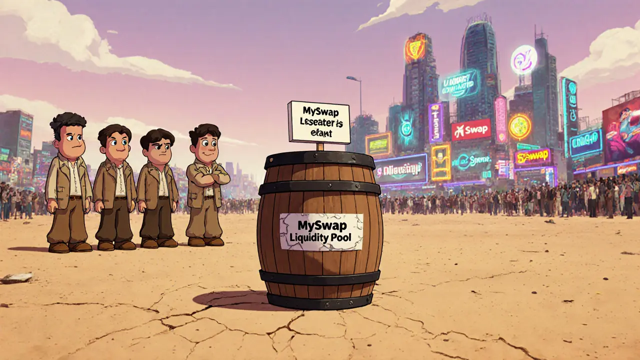 Desert scene with tiny MySwap liquidity barrel and low volume sign.