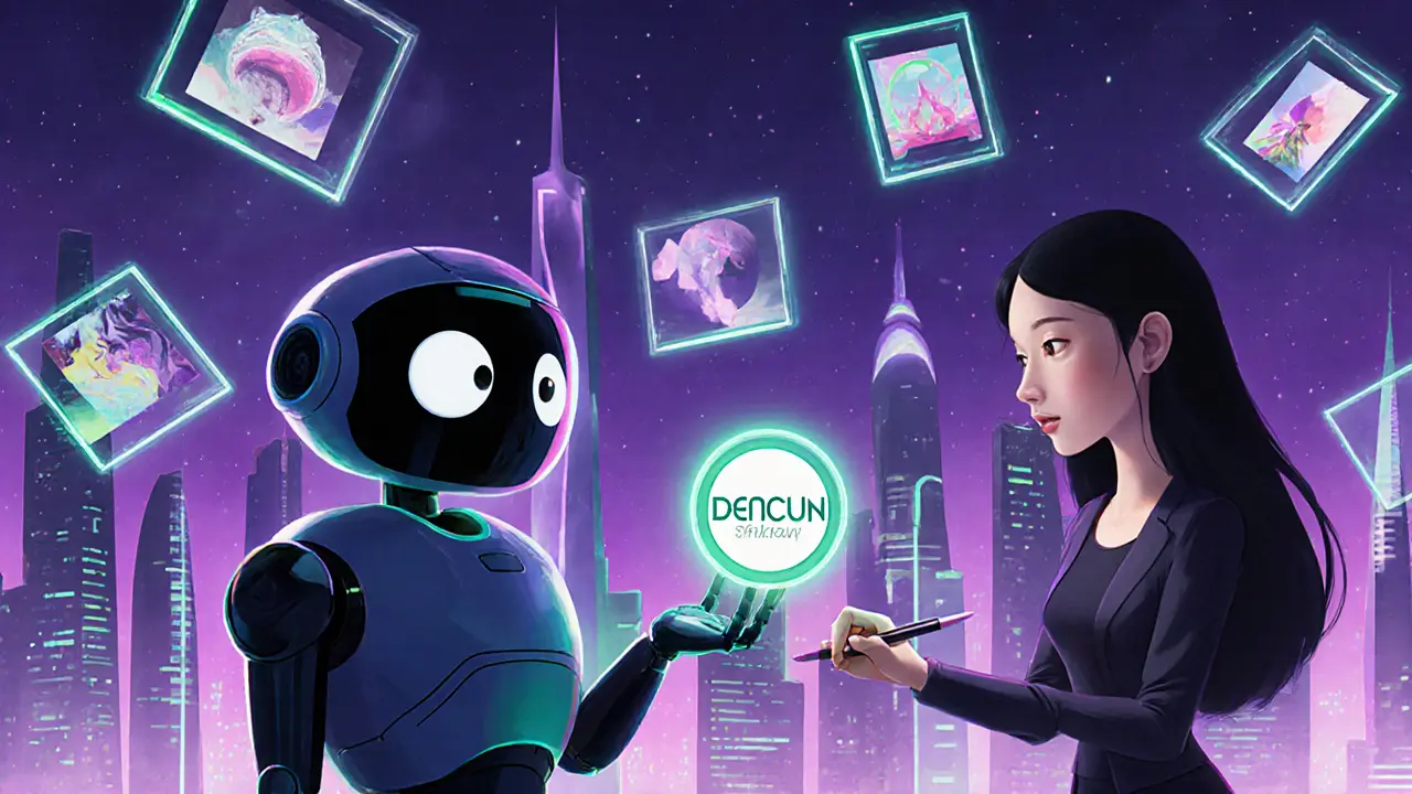 Futuristic skyline with floating NFT art and a robot assisting a creator.