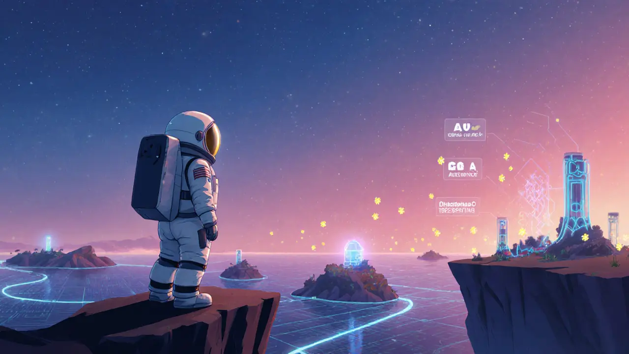 Pixar‑style BigFoot astronaut looking toward a sunrise digital horizon with Solana DEX islands and AI structures.