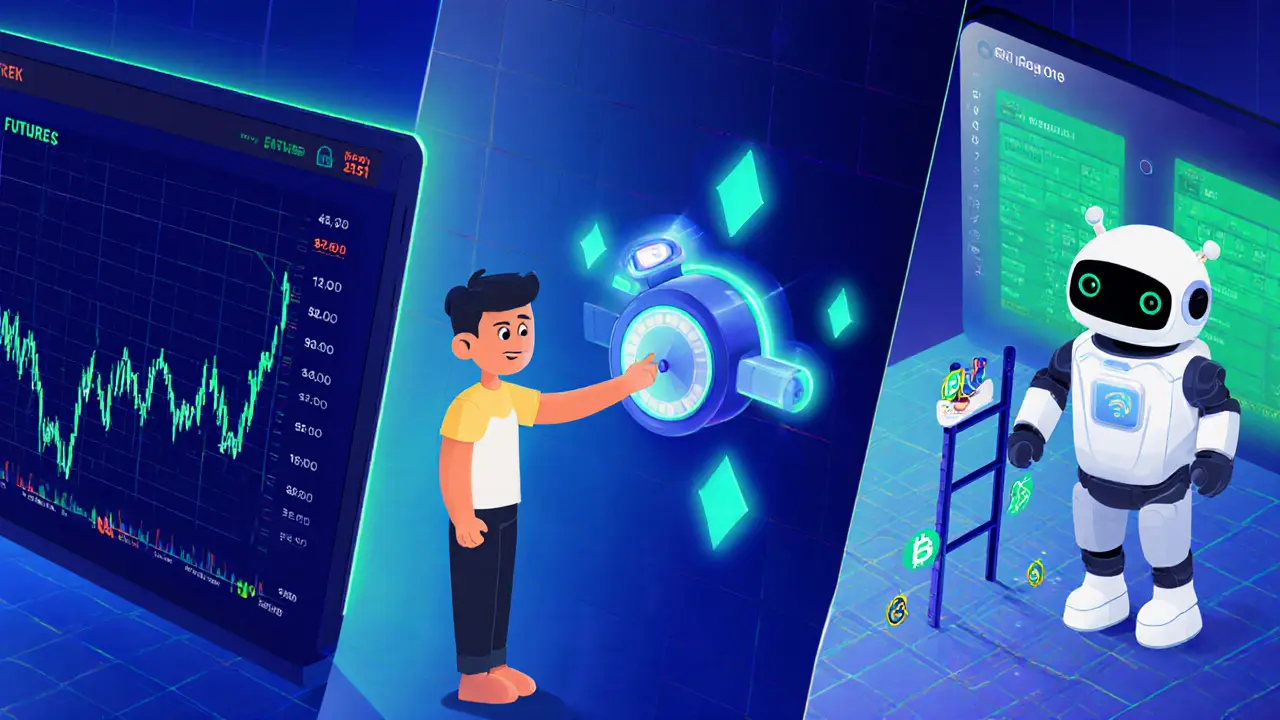 Pixar‑style cartoon showing three panels of spot trading chart, futures lever, and Grid bot robot.