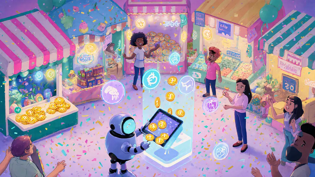 Pixar‑style digital marketplace where autonomous BigFoot agents trade tiny sparkling coins on Solana.