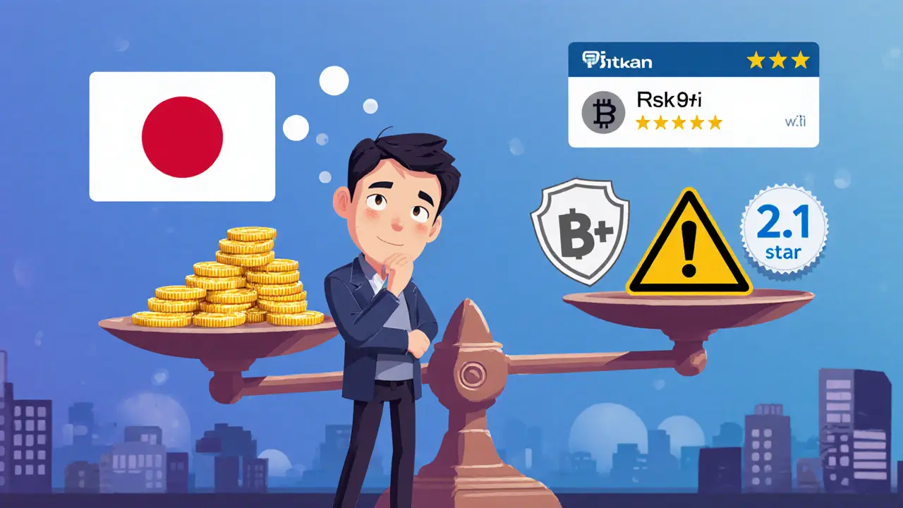Pixar‑style image of a trader weighing crypto coins against regulation symbols on a scale.