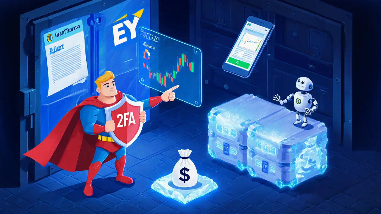 Security vault scene showing 2FA shield, AI robot advising trades, and cold‑storage boxes.
