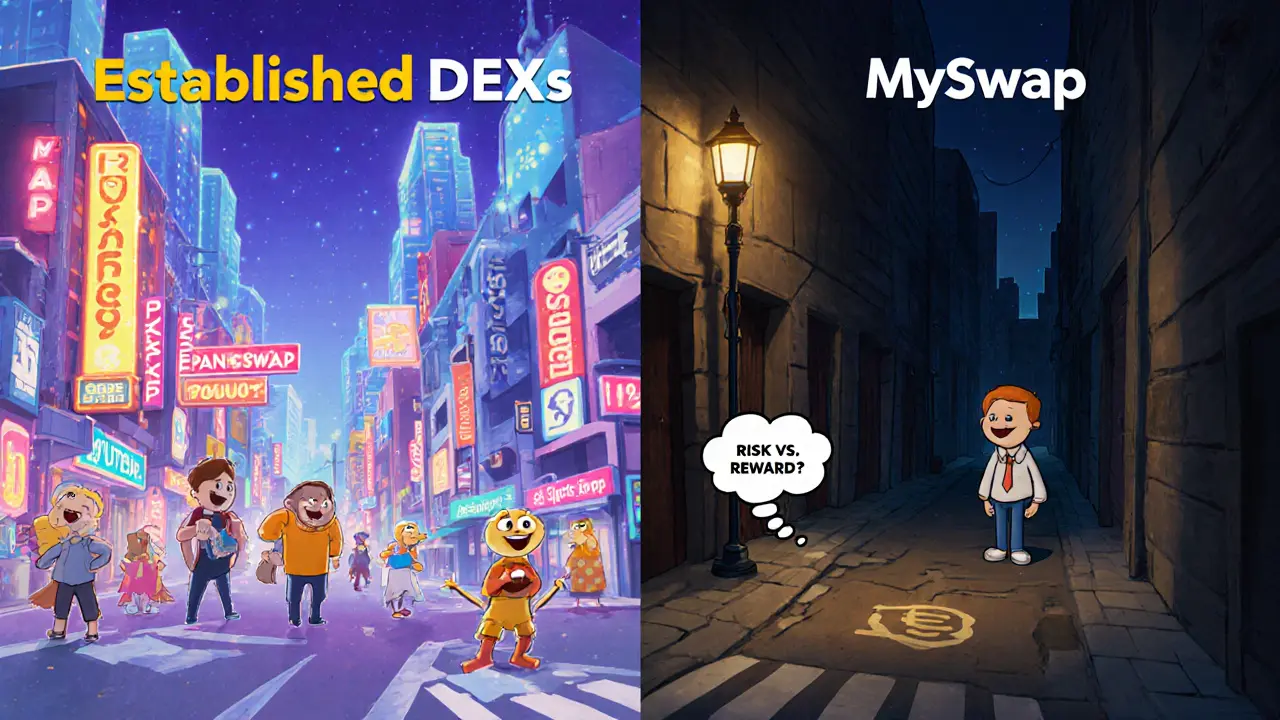 Split path showing choice between bustling DEX city and dim MySwap alley.
