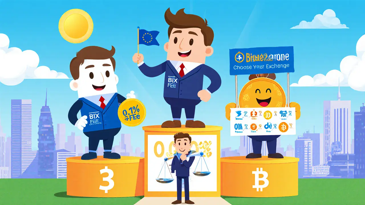 Three exchange mascots on a podium with fee badges, a trader weighing choices in Pixar style.