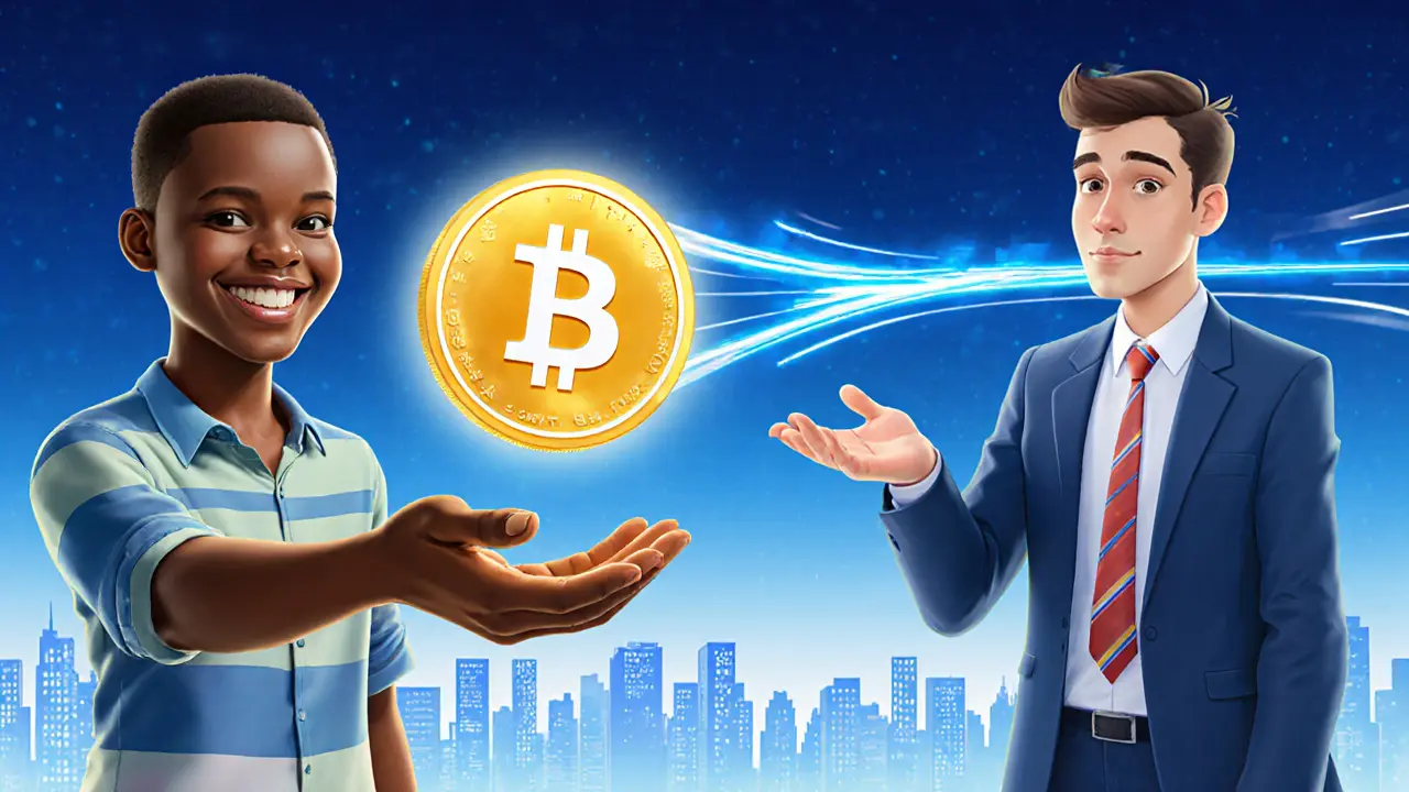 Two hands exchange a glowing USDC coin instantly across a light tunnel.
