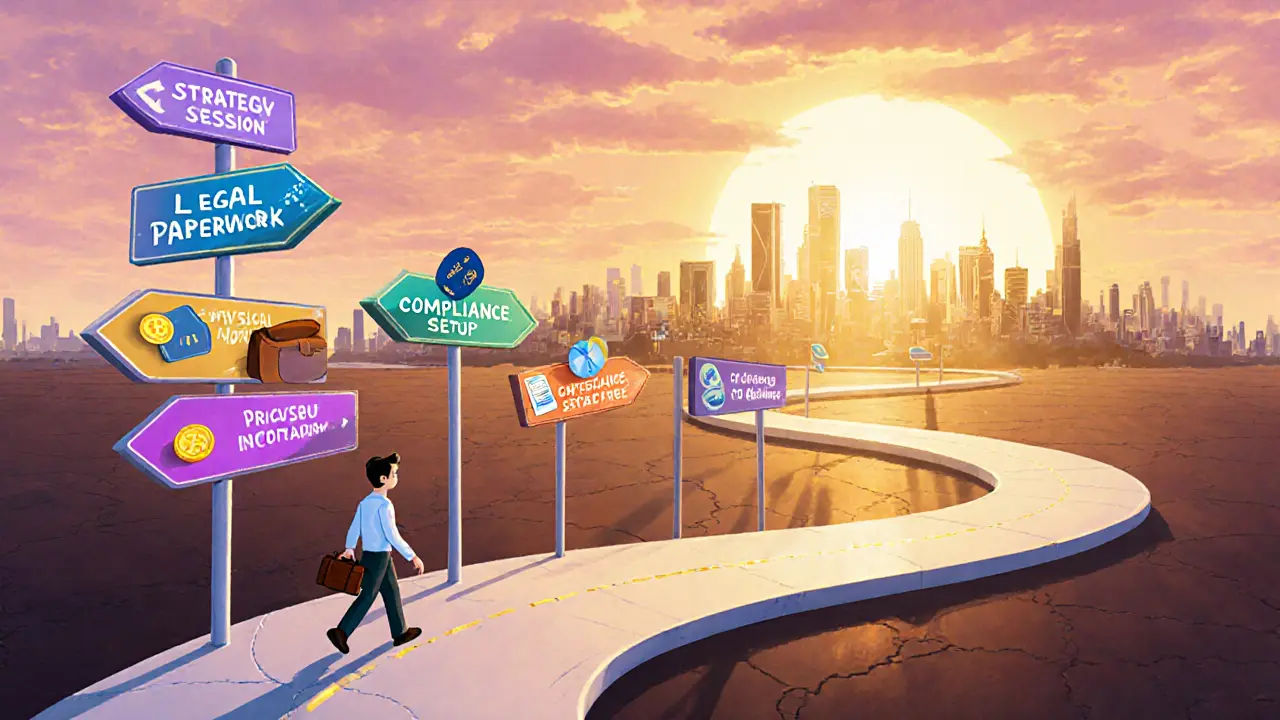Animated roadmap showing a traveler progressing through relocation milestones toward a new city skyline.