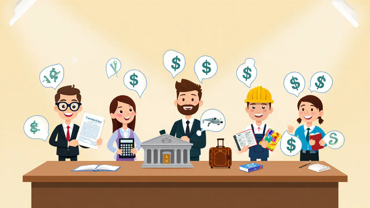 Cartoon characters representing legal, accounting, company formation, banking, relocation, and translation services.