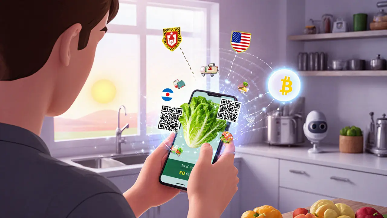 Consumer scans QR code on lettuce, holographic blockchain journey and AI assistant appear in kitchen.