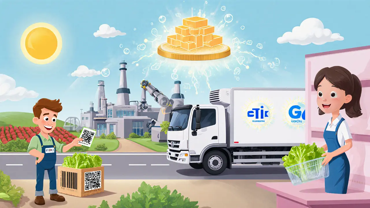 Cross‑section of farm, plant, truck, and store linked by cartoon blockchain blocks and GTIN‑14 tags.