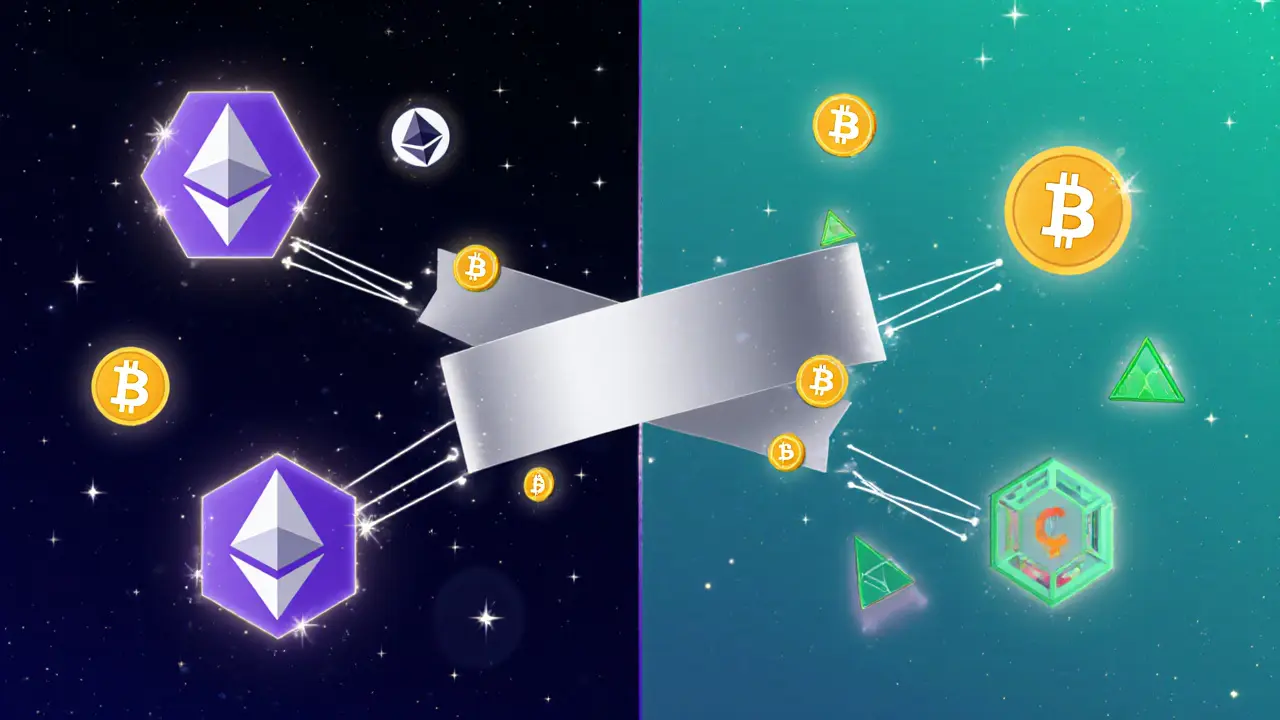 Illustration of multiple blockchains linking to Collaterize chain with moving tokens.