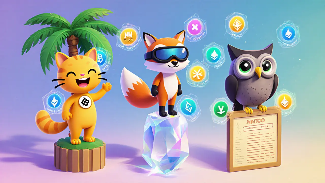 Three playful mascots representing BSC, NEAR, and Ethereum NEKO tokens with floating symbols.