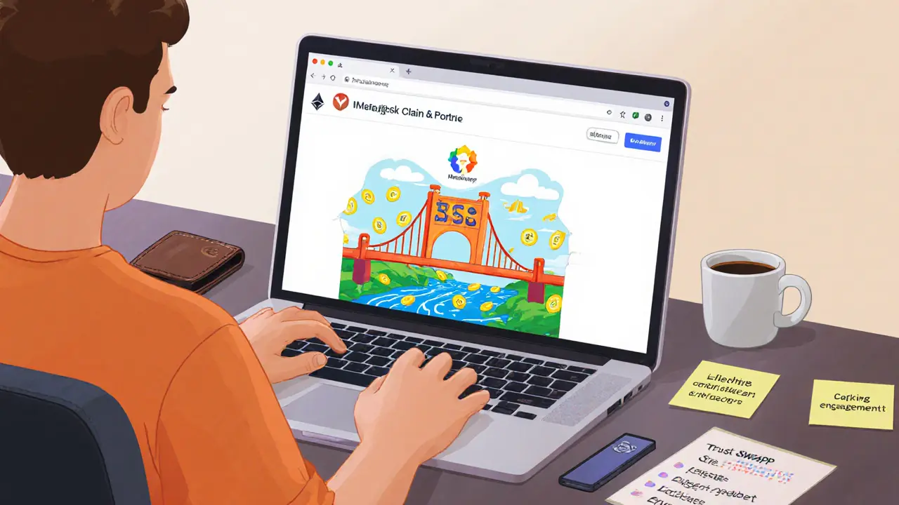 User at desk with laptop showing SWAPP claim portal and chain bridge graphic.