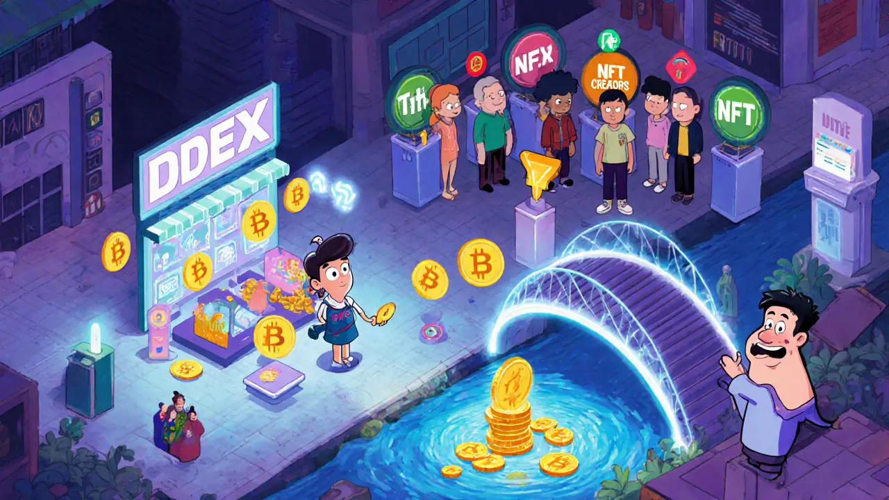 Cartoon marketplace with DEX kiosk, bridge, NFT gallery, and faction voting groups.