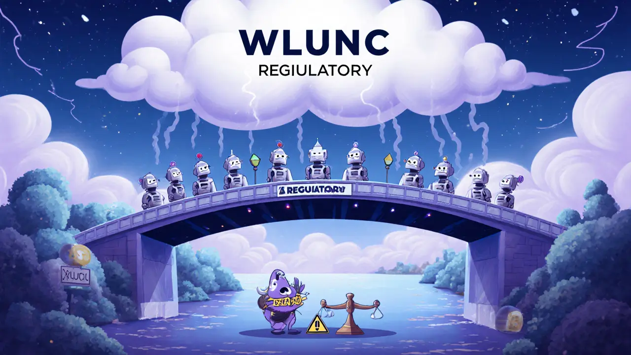 Illustration of validator robots, fee signs and regulatory cloud warning over WLUNC bridge.