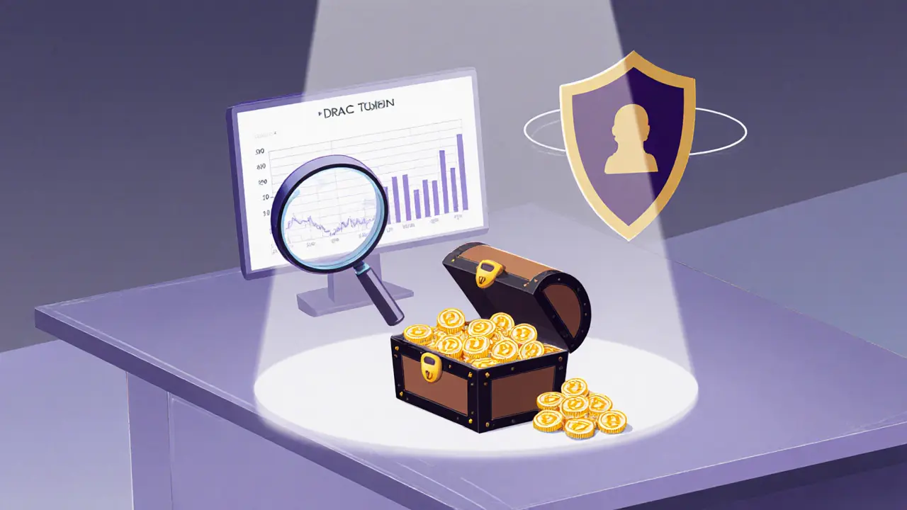 Investor inspects tiny DRAC tokens, a liquidity chart, and a privacy shield.