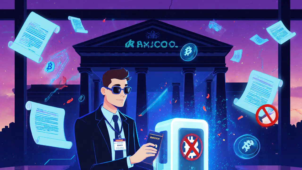 Pixar‑style crypto exchange interior with compliance officer, glowing IDs, and floating crypto symbols at dusk.