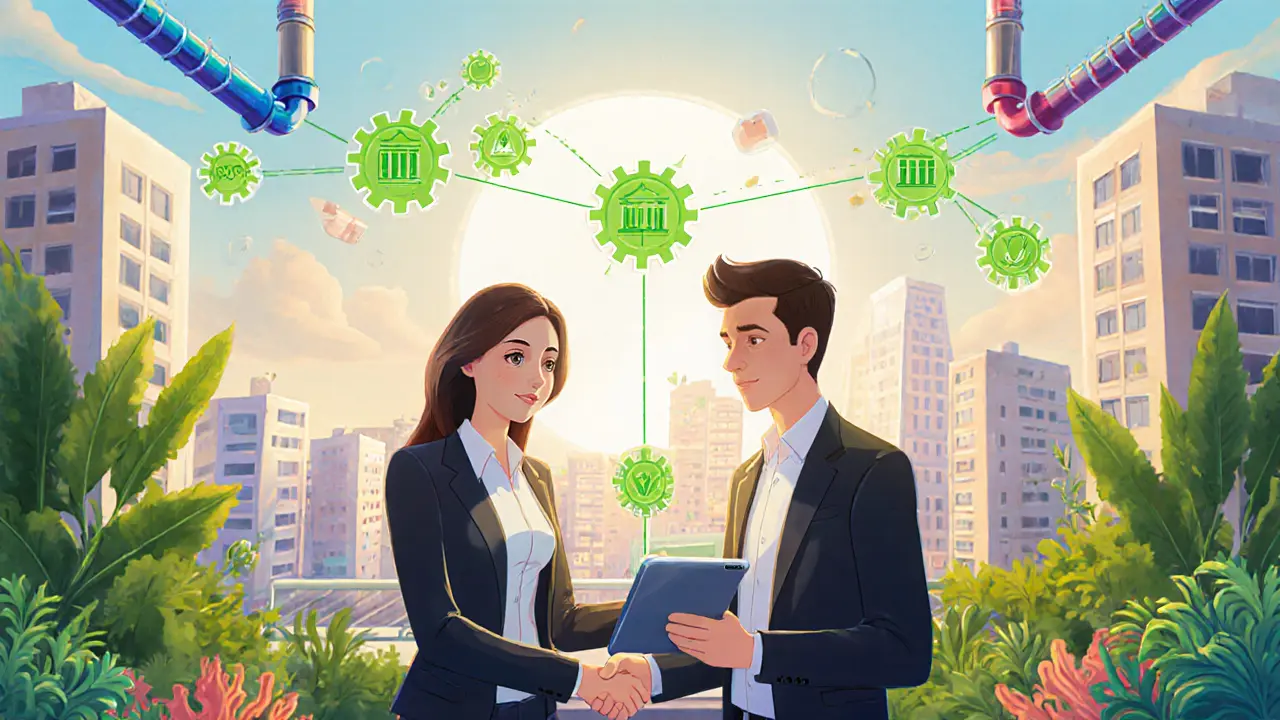 Pixar‑style rooftop lab with regulator and founder sharing data streams, symbolizing open‑finance future.