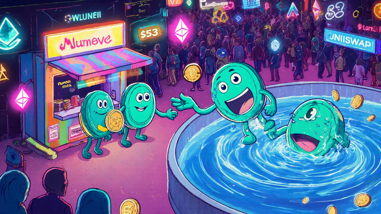 WLUNC tokens using Aave and Uniswap in a colorful DeFi marketplace.
