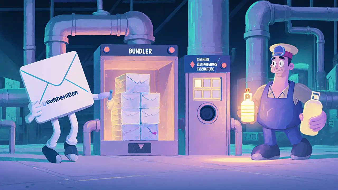 Animated pipeline with characters representing UserOperation, Bundler, EntryPoint, and Paymaster.