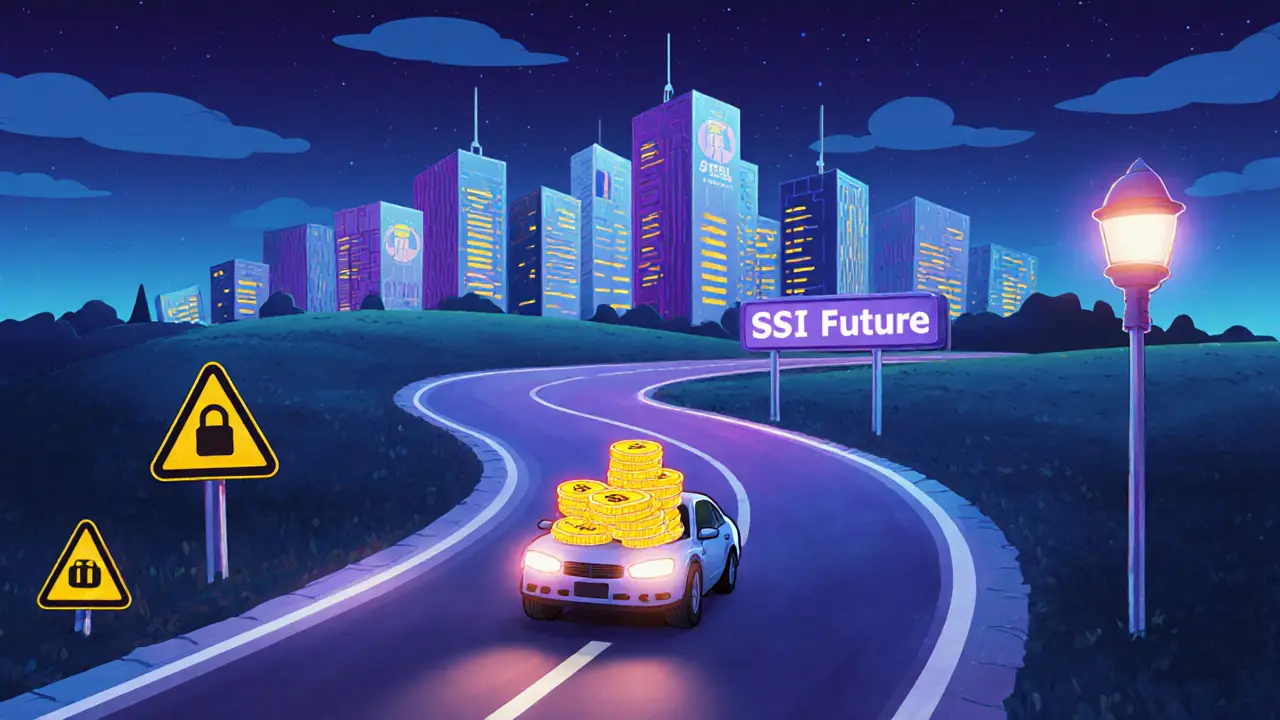 Cartoon car powered by SYL tokens drives toward a futuristic digital identity city.
