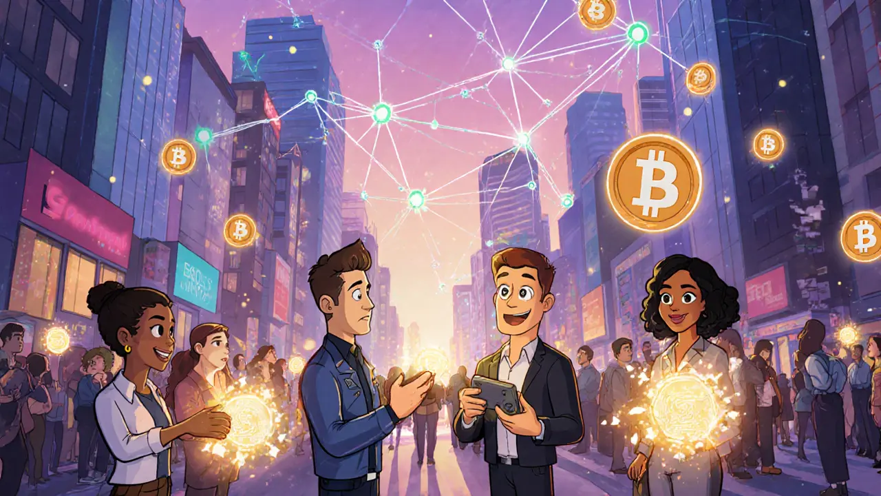 Cartoon characters using smart contract wallets in a futuristic city with glowing network nodes.