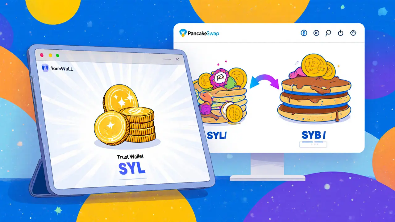 Cartoon wallet on a tablet displaying SYL token balance with PancakeSwap swapping animation.