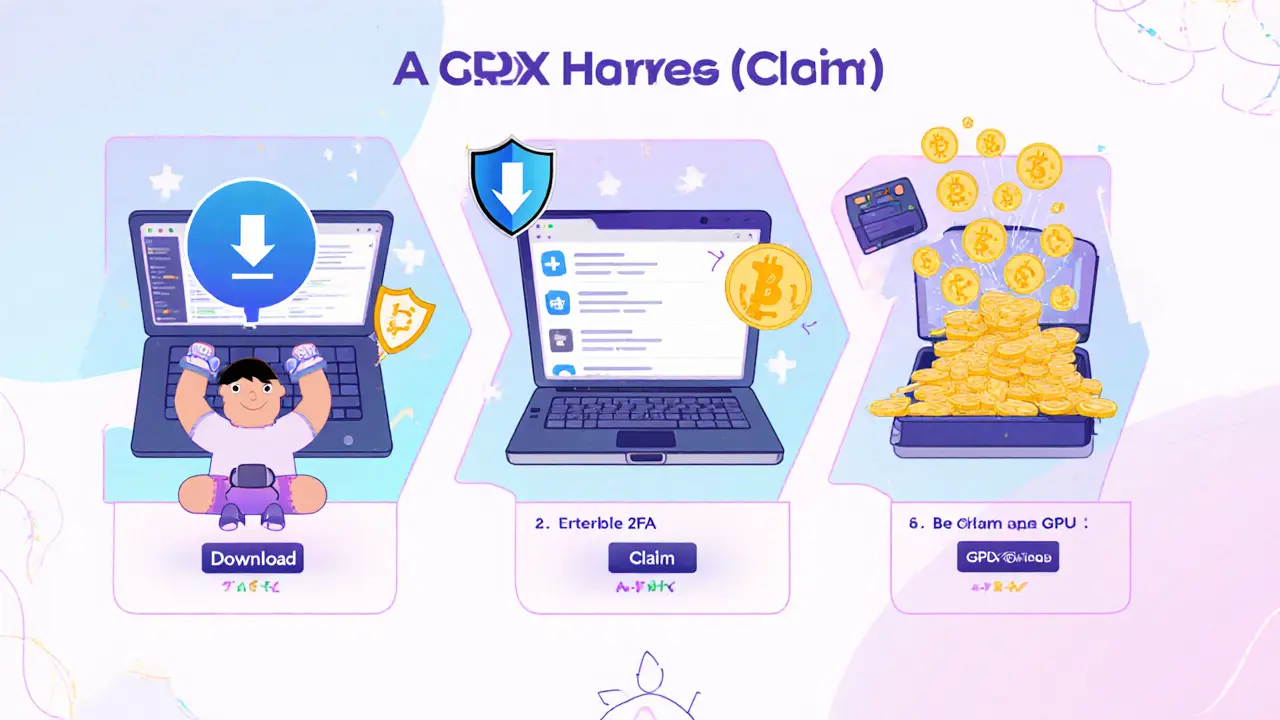 Comic panels showing downloading app, enabling 2FA, mining, and claiming GHX.