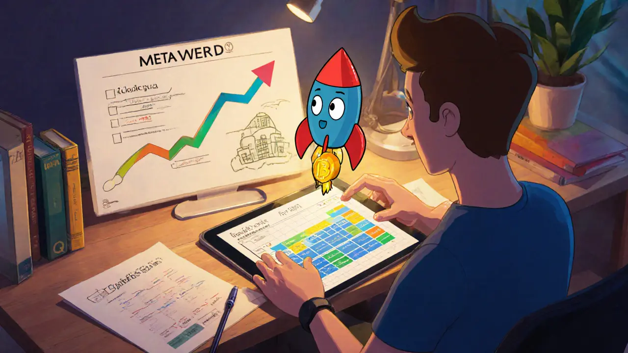 Crypto enthusiast planning future airdrops with a spreadsheet, roadmap, and HERO avatar.
