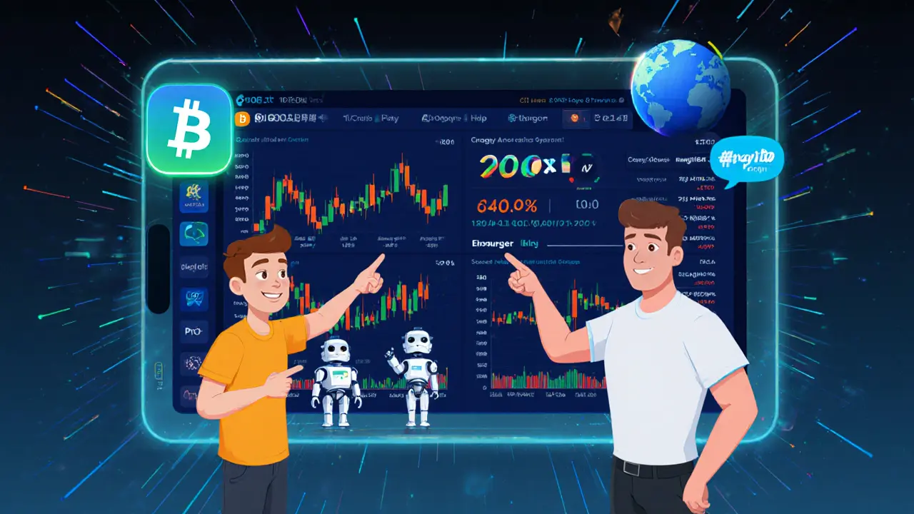 Holographic trading panel showing 700+ pairs and 200x futures leverage.