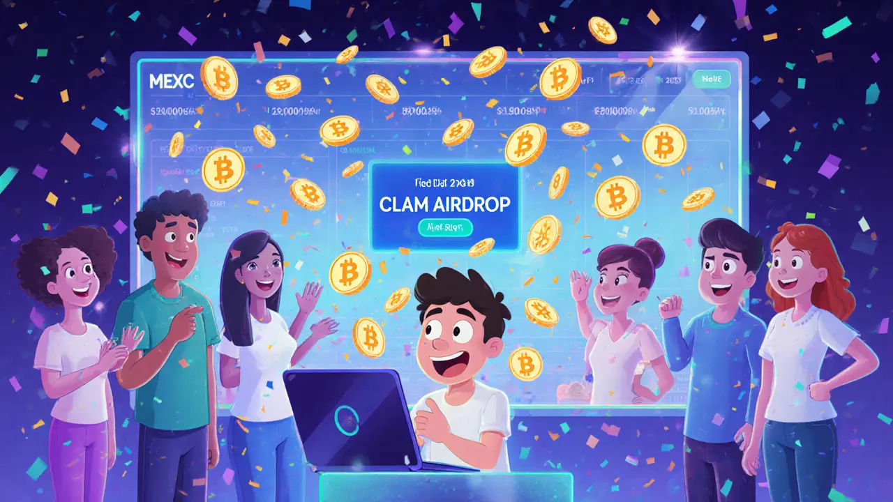 MEXC dashboard showing HERO tokens raining onto wallet icons as users celebrate.
