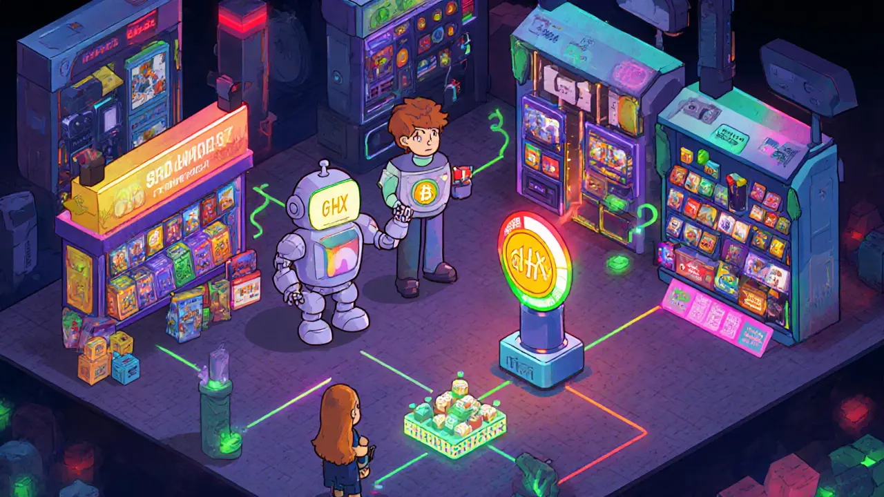 Vibrant marketplace with GHX token, bonus meter, and AI image generator.