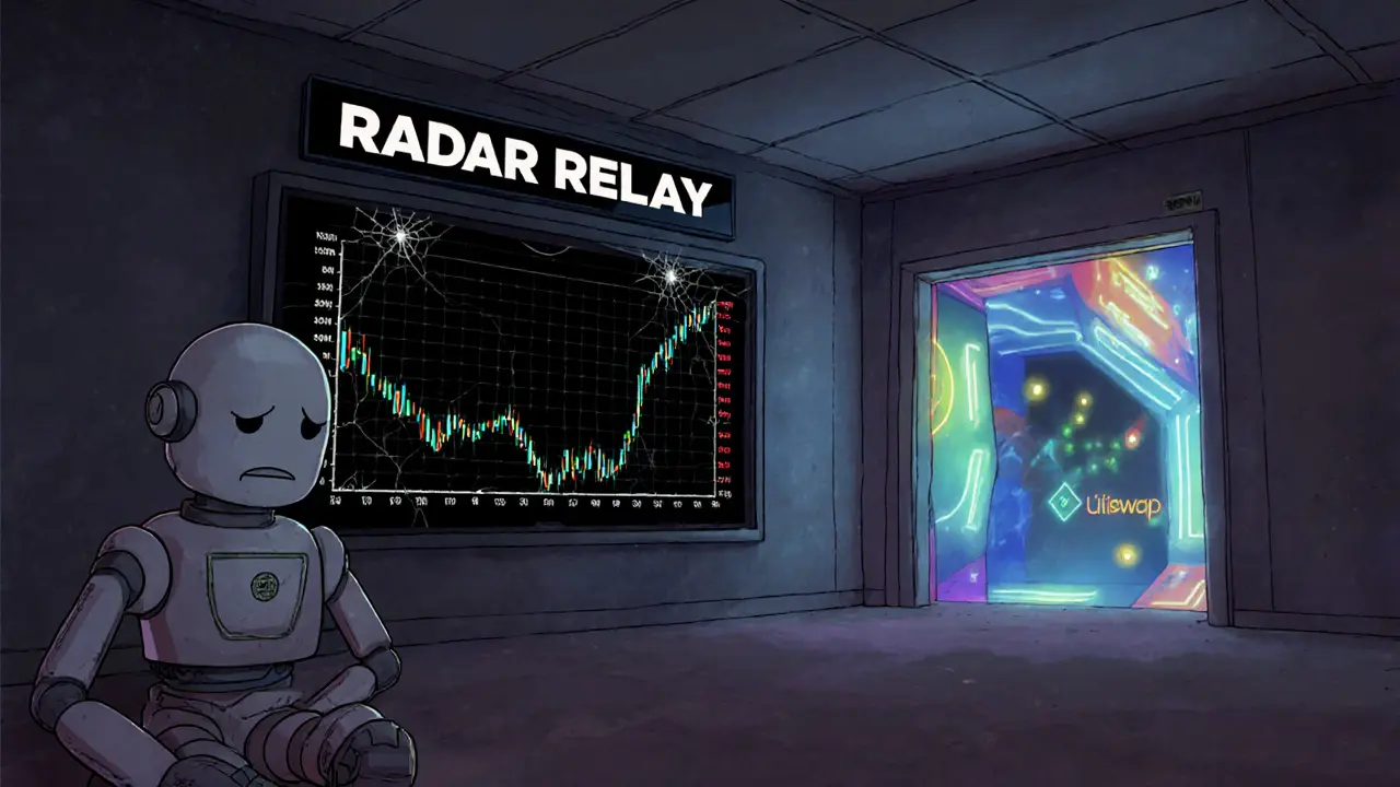 Abandoned exchange office, sad robot, dark sign, dim lighting showing Radar Relay shut down.