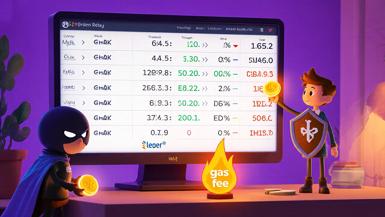Cartoon characters with MetaMask cape and Ledger shield place orders on a glowing order‑book screen.