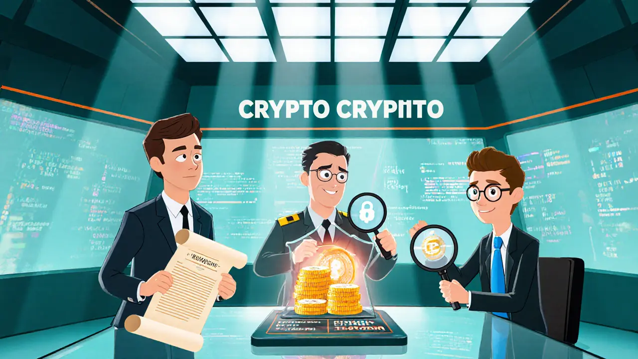 Control room with CMB, MASAK, and TÜBİTAK characters overseeing a crypto exchange.