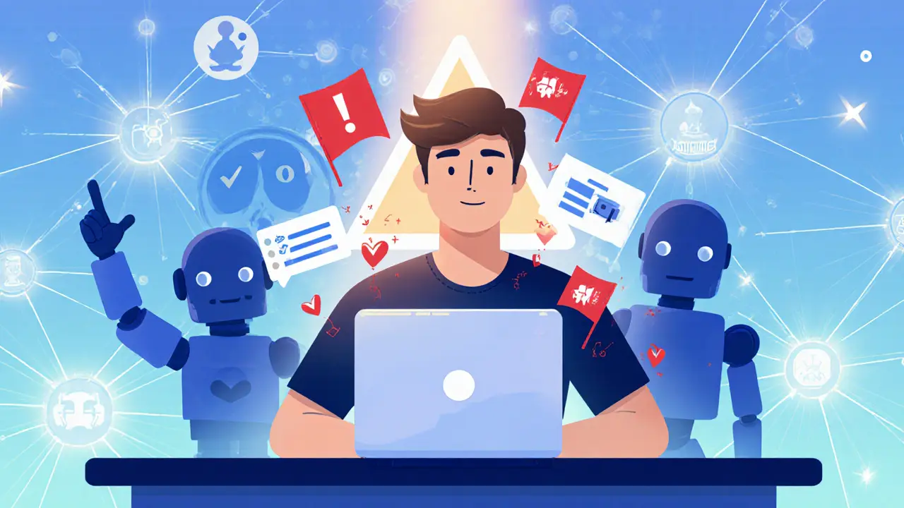 Protagonist completing airdrop tasks on a laptop while shadowy bots loom, Pixar illustration.