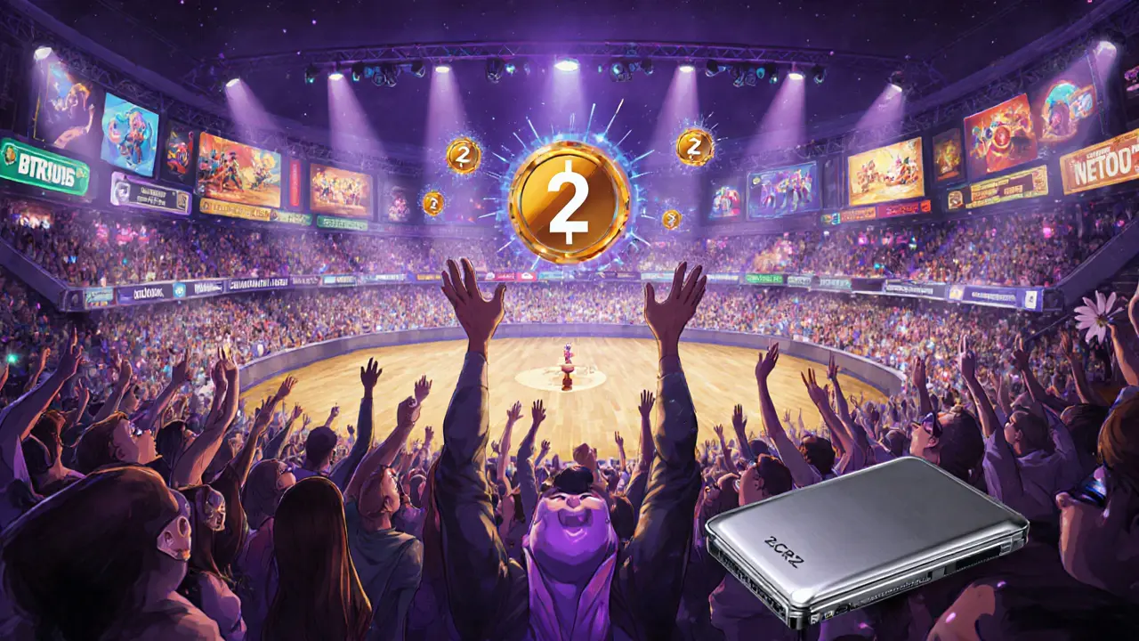 Tournament arena with players holding 2CRZ tokens and a futuristic NFT marketplace, Pixar style.