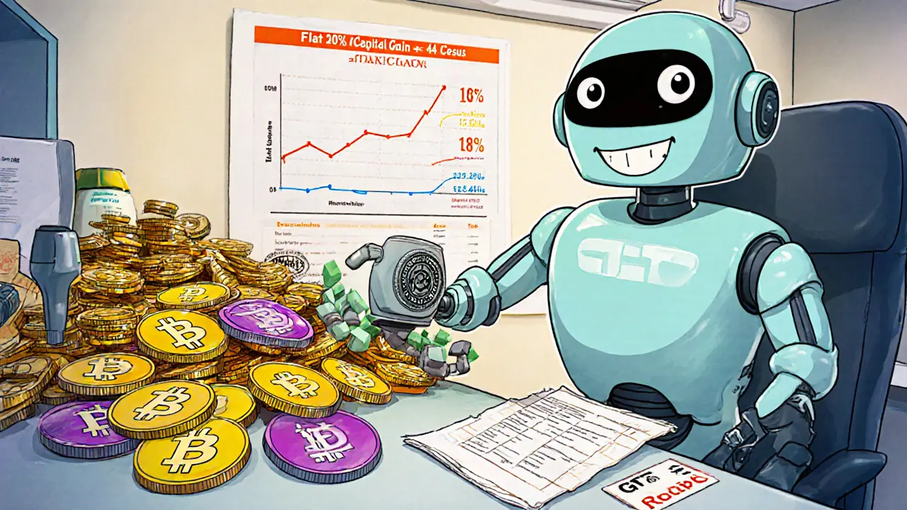 Animated accountant robot processes crypto coins, stamping 1% TDS and 18% GST in a Pixar‑style tax office.