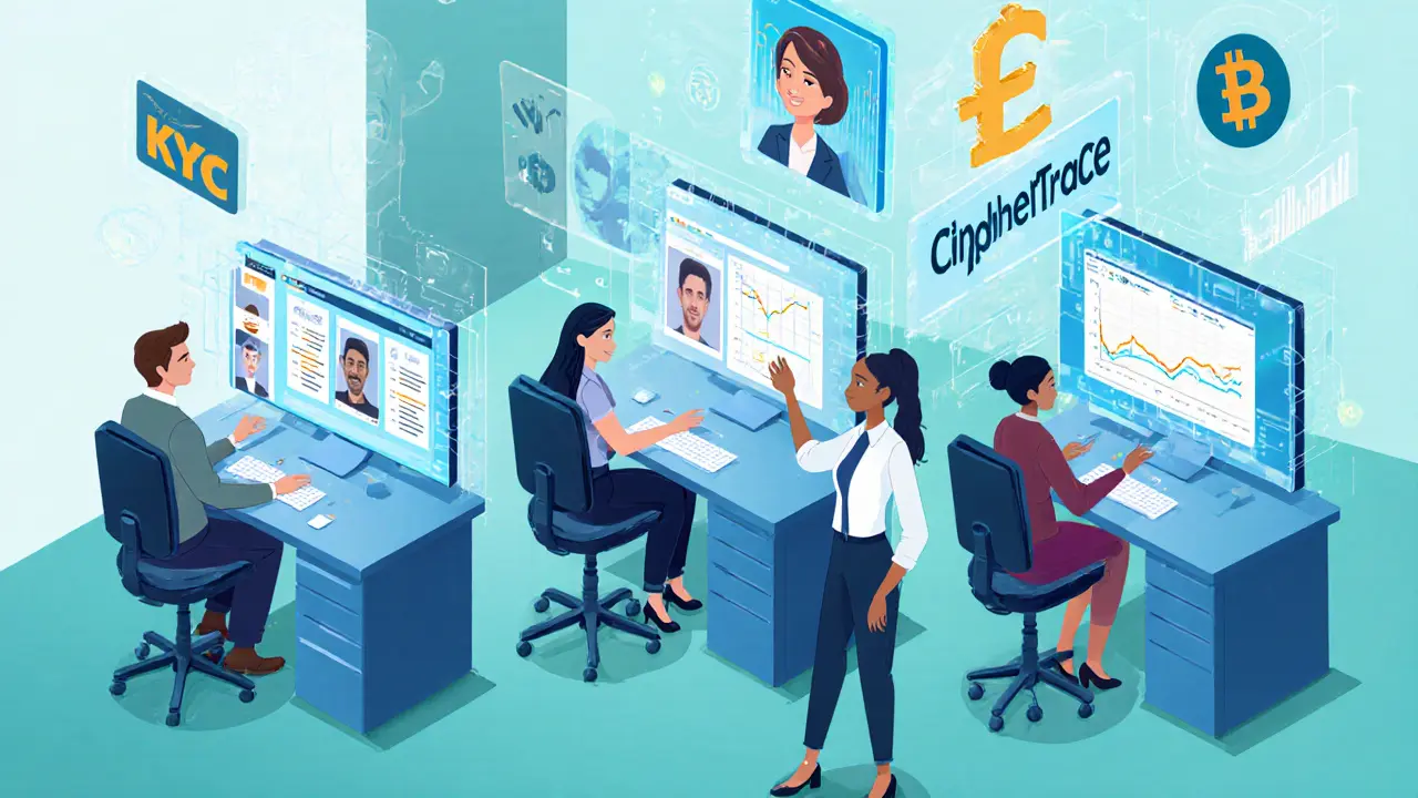 Animated compliance office with analysts, KYC screens, and crypto analytics logos.