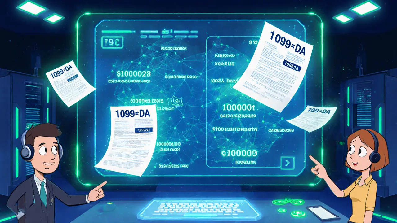 Animated IRS analytics team viewing a glowing blockchain ledger and floating 1099‑DA forms.