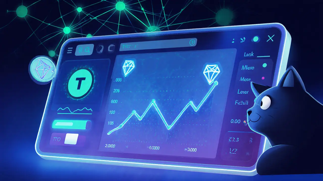 Cartoon crypto dashboard with abstract charts and Tron network backdrop in Pixar style.