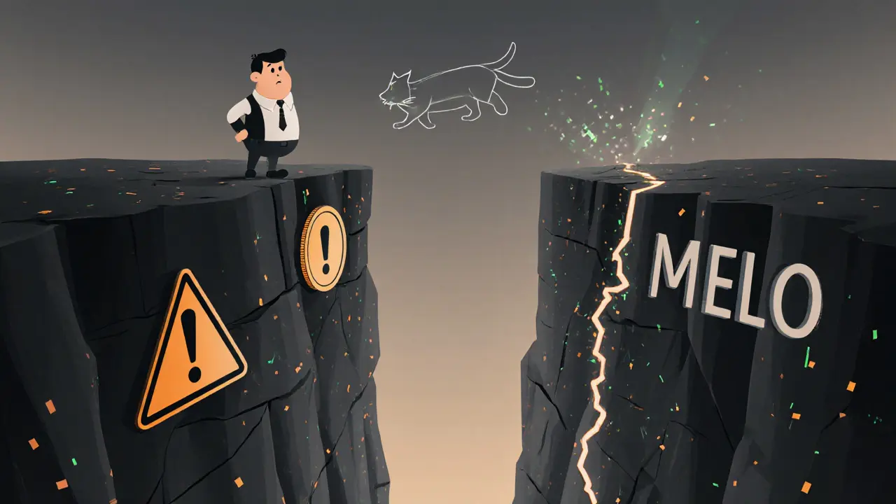 Cartoon investor at a canyon of broken coins and warning signs, Pixar style.