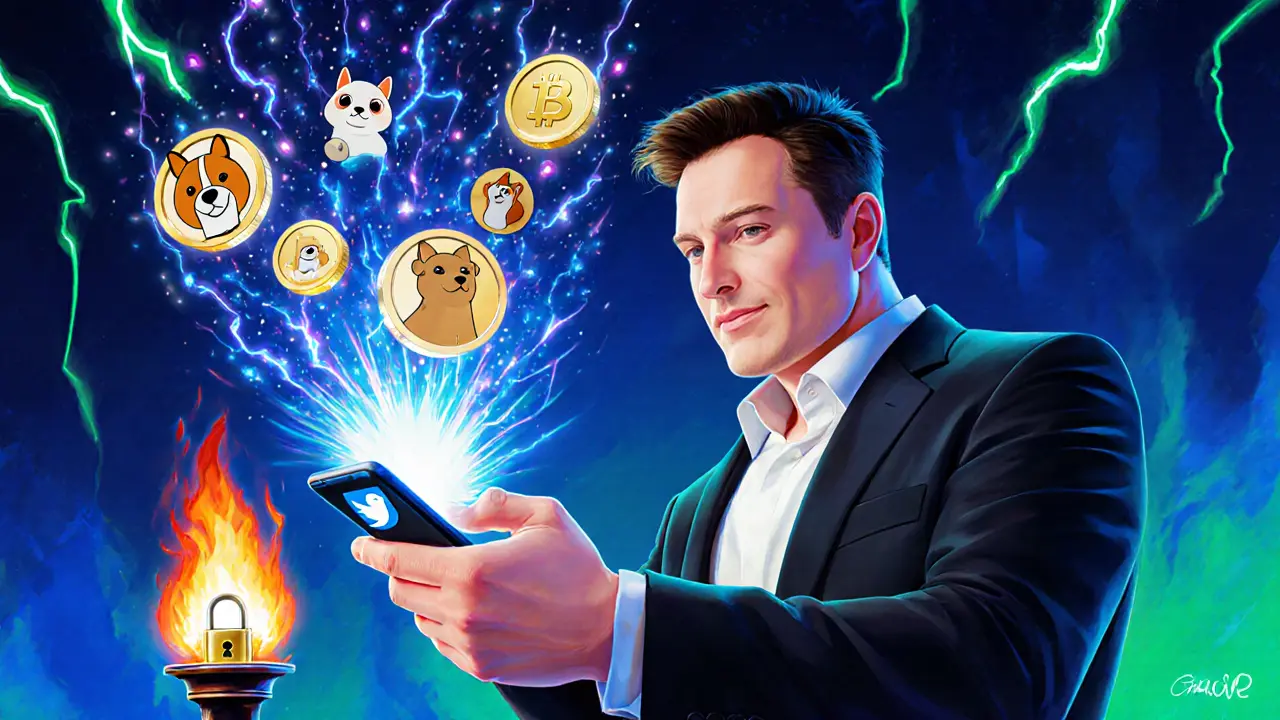 Charismatic influencer tweeting, causing meme coins to surge with burn and lock symbols.