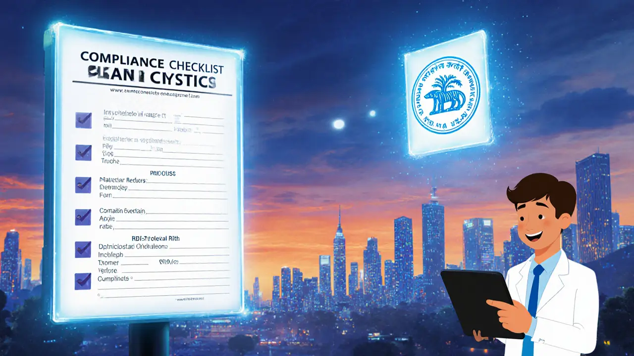 Friendly advisor points to a tablet with compliance steps against a futuristic Indian city backdrop in Pixar style.